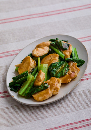 鶏ささ身と青菜のオイスター炒め