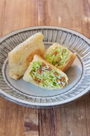 春キャベツと納豆の揚げ包み焼き