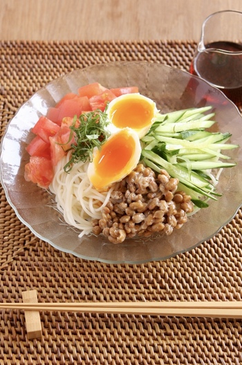 ぶっかけ冷や麦 納豆温玉のせ