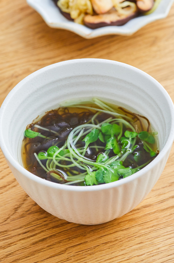 電子レンジで簡単　もずくと貝割れ菜の中華スープ