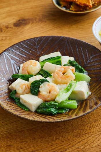 チンゲン菜とえびの豆腐塩あんかけ炒め