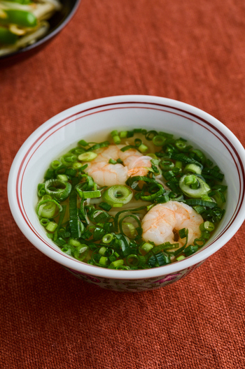 ねぎたっぷり しらたきとえびのスープ