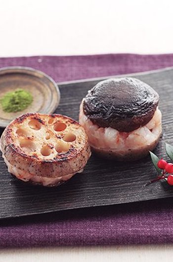 レンコンとシイタケのエビ挟み焼き