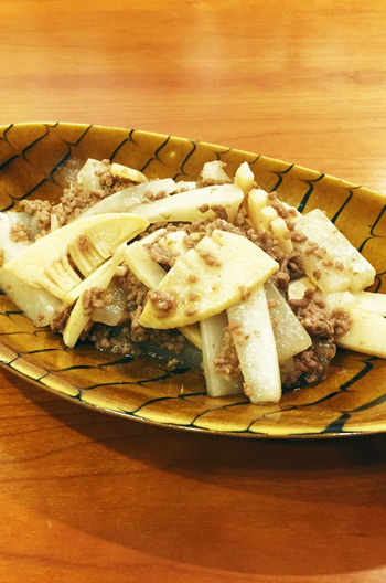 牛挽肉と筍のオイスターソース炒め