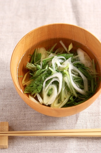 朝食にも 長ネギと水菜のお吸い物