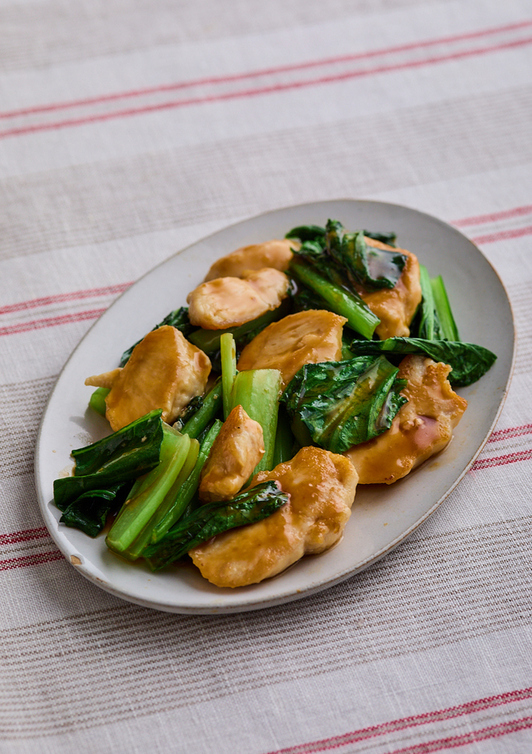 鶏ささ身と青菜のオイスター炒め