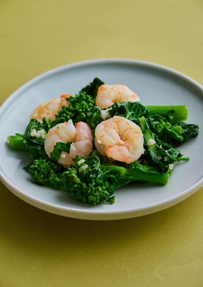 えびと菜の花の蒸し炒め