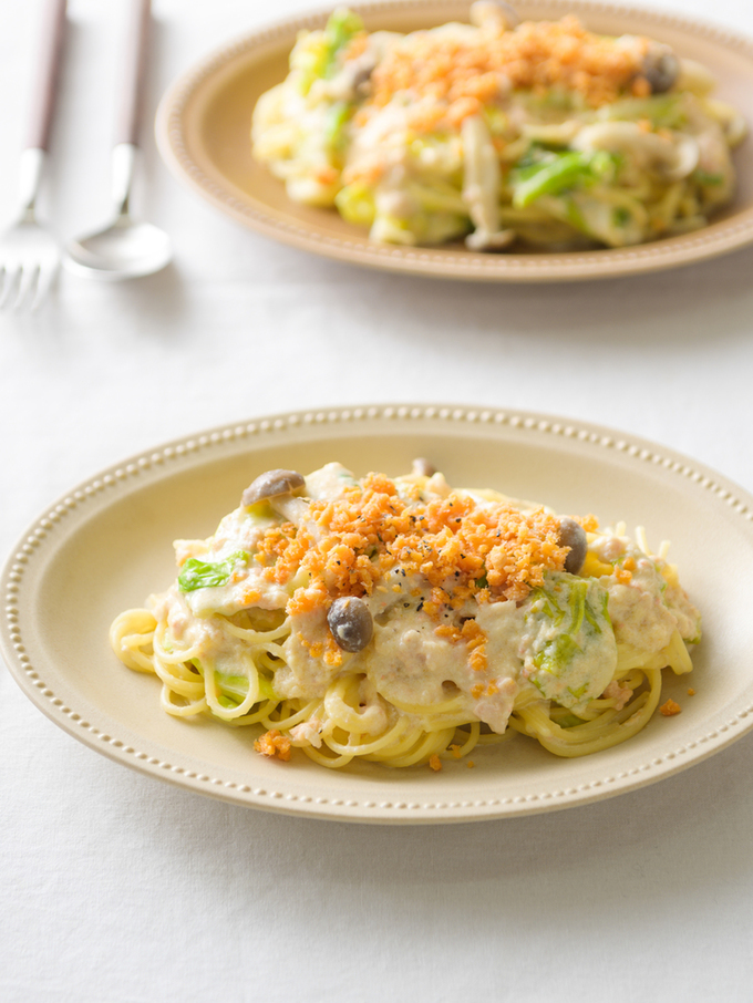 鮭フレークの豆乳クリームパスタ