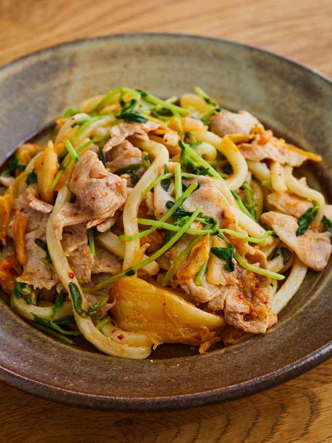 電子レンジで 豚キムチうどん