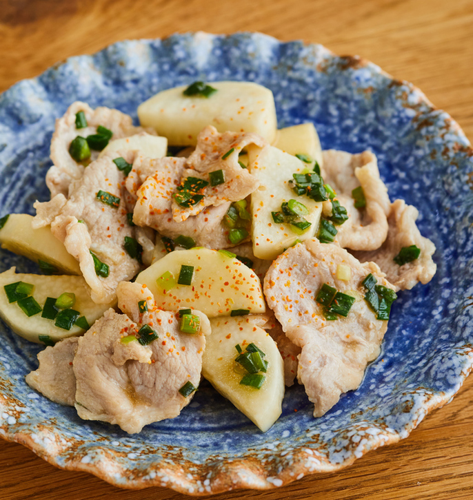 豚肉と長いものねぎぽん炒め