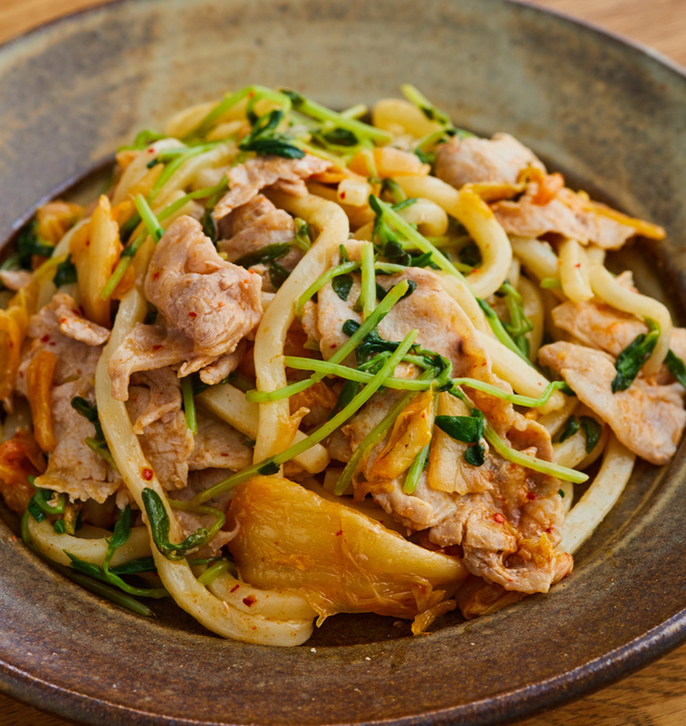 電子レンジで 豚キムチうどん