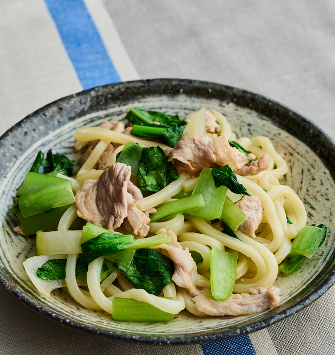 小松菜と豚肉の焼きうどん