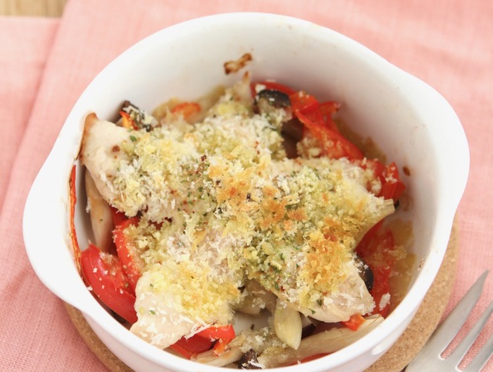 鶏ささ身ときのこのパン粉焼き