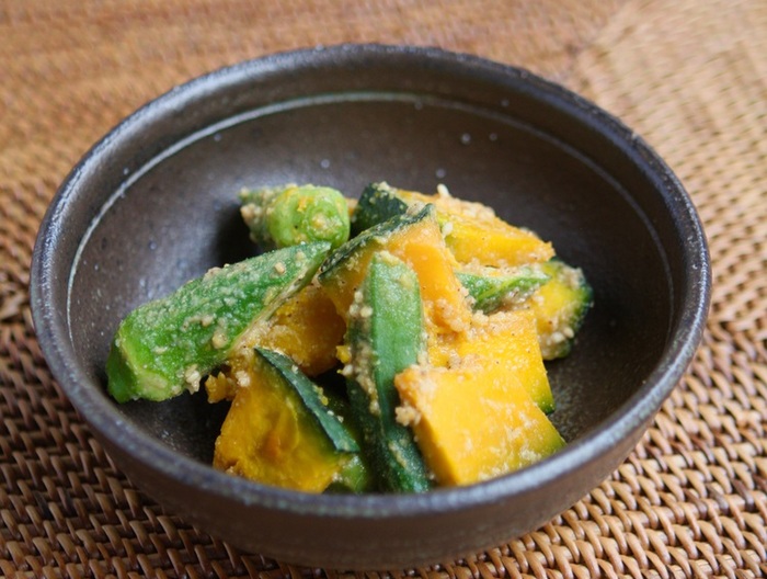 かぼちゃとオクラのごま酢あえ