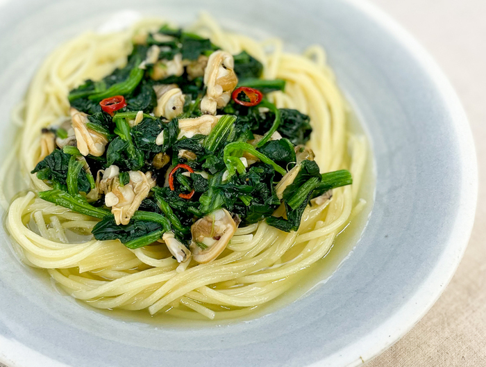 あさりとほうれん草のスープパスタ