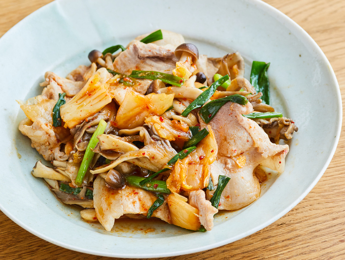 電子レンジで簡単 きのこ豚キムチ