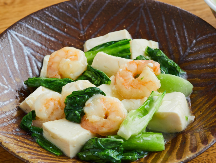 チンゲン菜とえびの豆腐塩あんかけ炒め