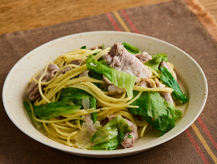 包丁いらず 豚肉とレタスの和風パスタ