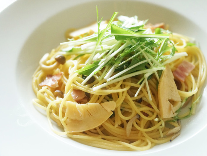 水菜と筍の春パスタ 醤油バター味