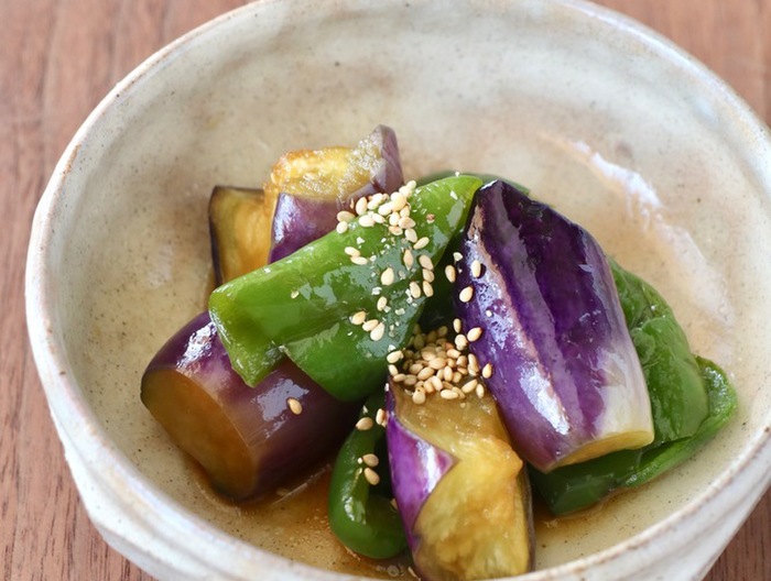 電子レンジで 茄子とピーマンの煮浸し