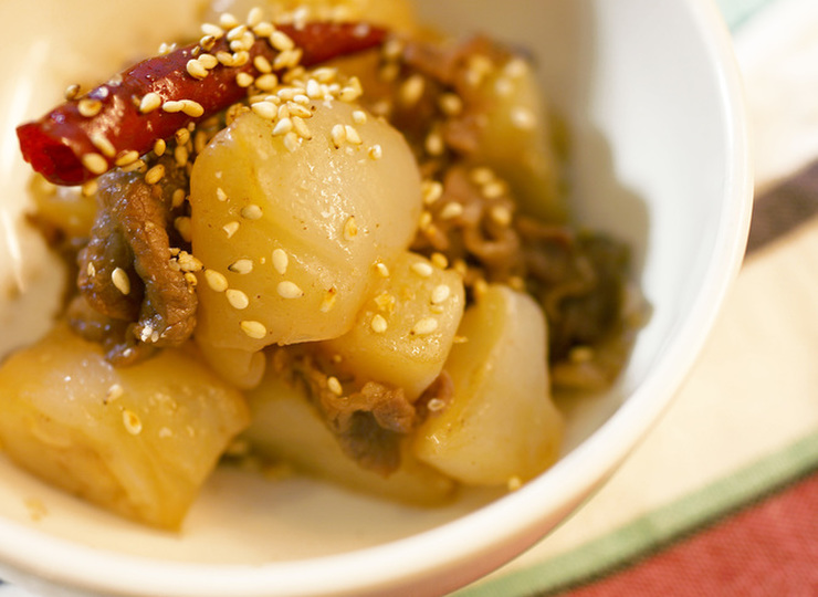 こんにゃくと牛肉のピリ辛炒め