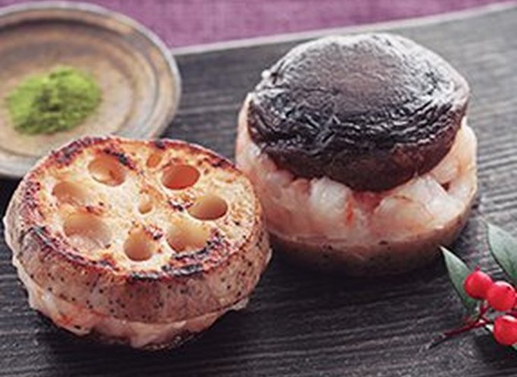 レンコンとシイタケのエビ挟み焼き