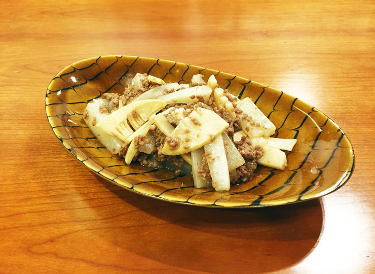 牛挽肉と筍のオイスターソース炒め