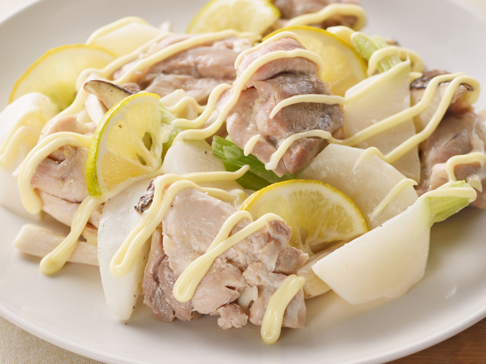 鶏肉とかぶのレンジレモン蒸し マヨネーズかけ