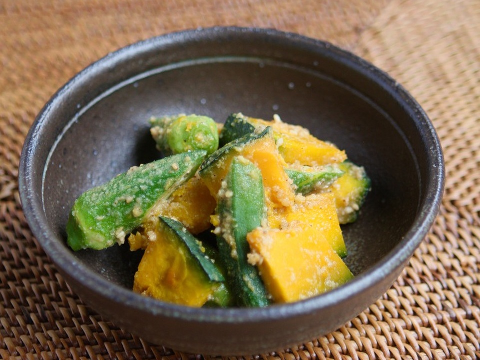 かぼちゃとオクラのごま酢あえ