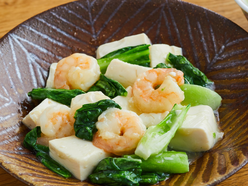 チンゲン菜とえびの豆腐塩あんかけ炒め