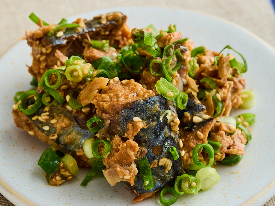 さばみそ缶のねぎまみれ