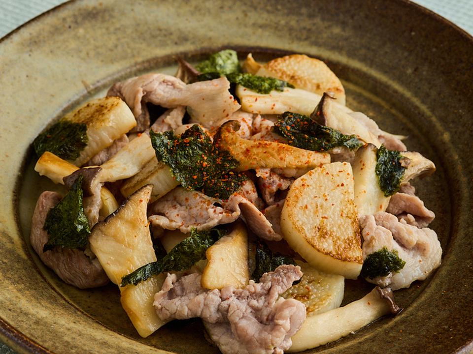 豚肉とエリンギの海苔塩炒め