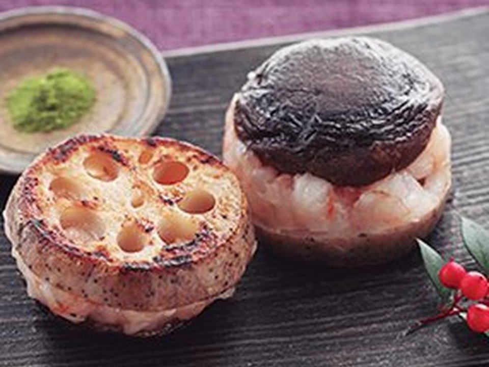レンコンとシイタケのエビ挟み焼き