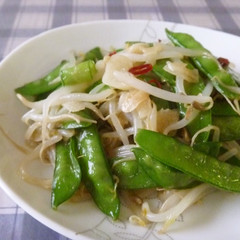 もやしと絹さやのピリ辛オイスター炒め