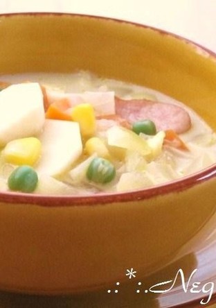 里芋とコーン 具だくさんの豆乳スープ