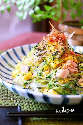 簡単ヘルシー 豆苗と春雨の卵炒め