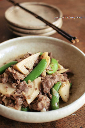 牛こま肉とたけのこのゆずこしょう炒め