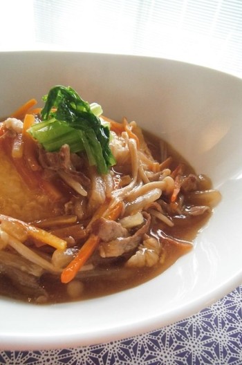 豆腐ステーキの肉野菜あんかけ