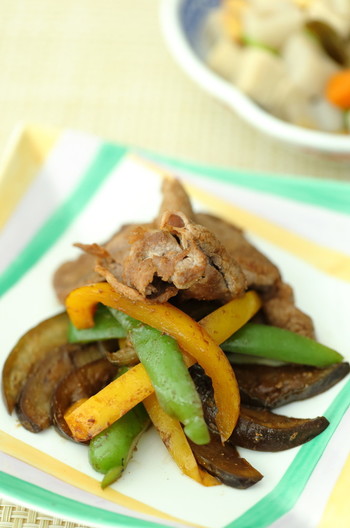 なす☆2種ピーマン☆お肉の味噌炒め♬