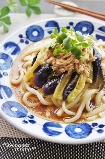 冷凍うどんとレンジで 茄子とツナの冷うどん