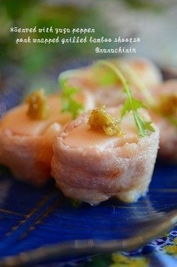 筍の豚肉巻き焼き柚子胡椒で