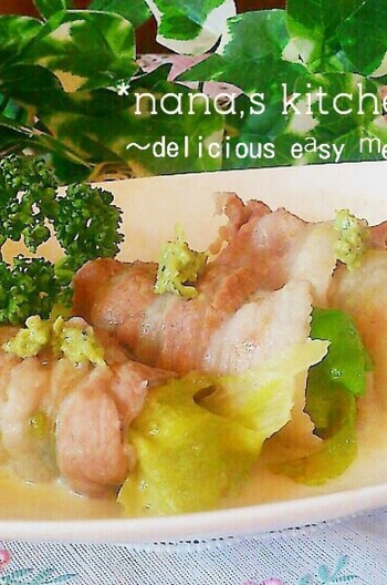 レンチン豚巻きレタスのワサビチーズソース