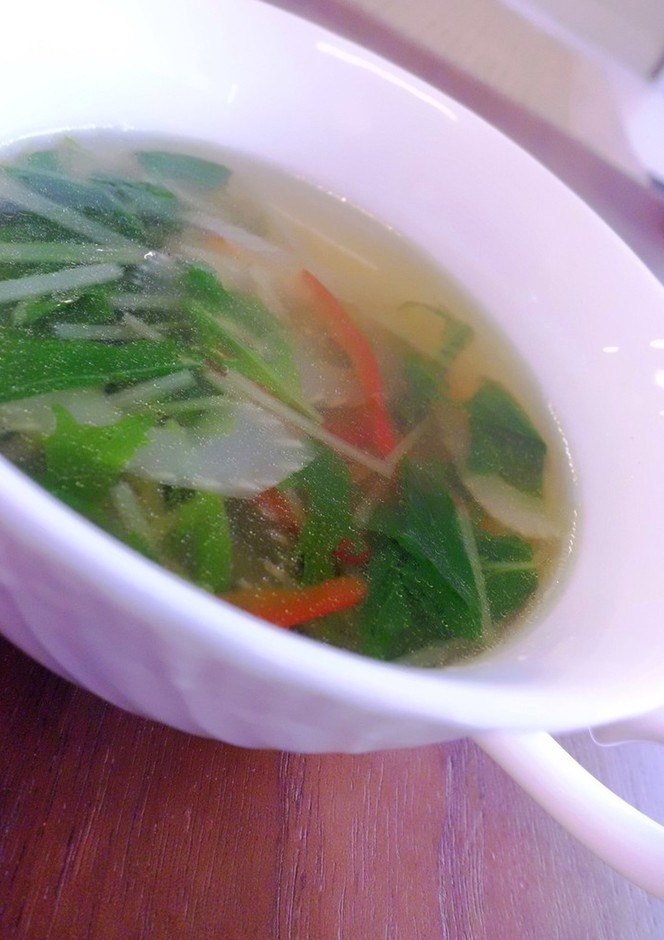 水菜とセロリと赤パプリカのスープ