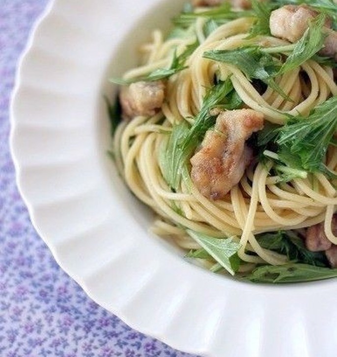 鶏肉と水菜のレモンバター醤油スパゲティ