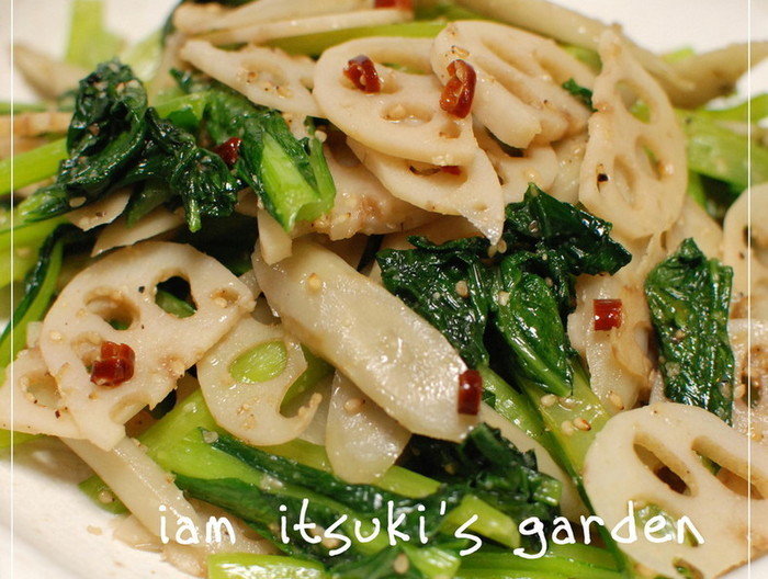 根菜と小松菜のうま塩炒め