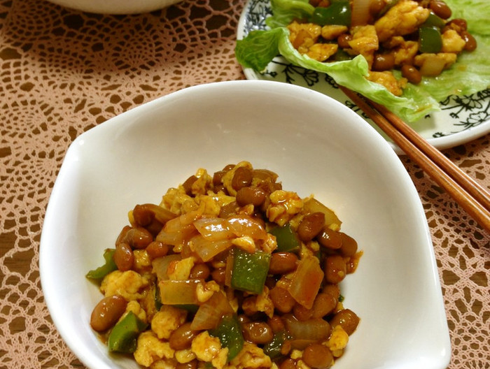 おつまみ納豆 ピーマンと卵の甘辛炒め