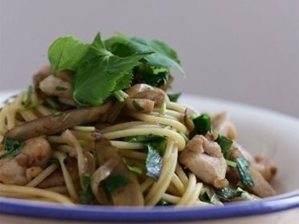 甘辛鶏とごぼう、三つ葉のスパゲティ