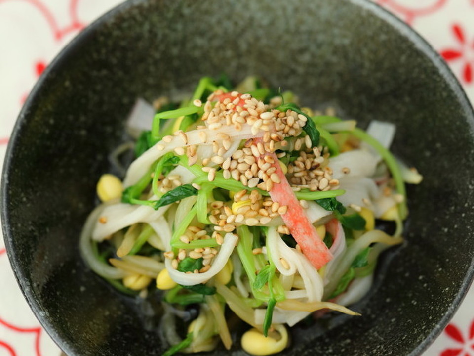 豆苗と大豆もやしのかに風味いりごま和え
